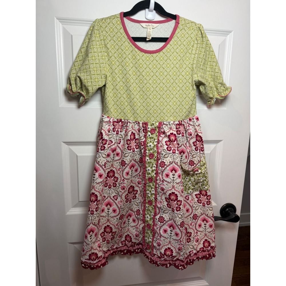 Matilda Jane Girls Mixed Media Floral Paisley Ruffle Pocket Dress Green Pink 12